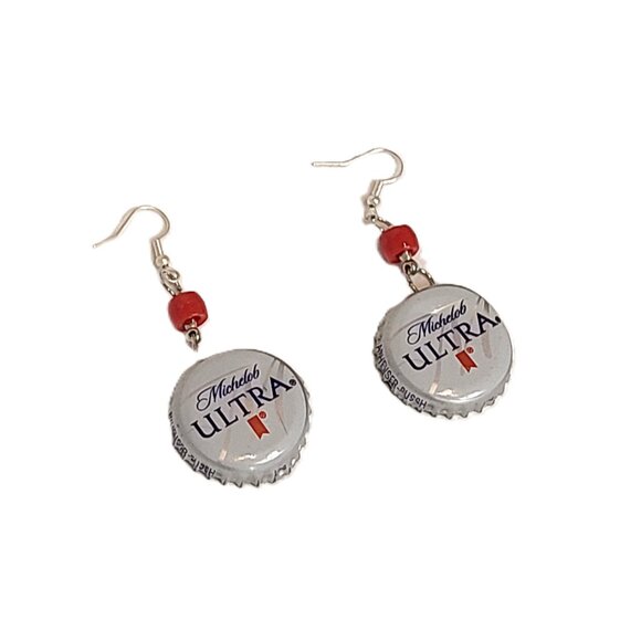 Silver Tone Michelob Ultra Silver Bottle Top Boho Drop Dangle Hook Earrings - Picture 3 of 5